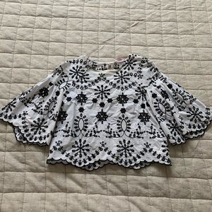 White Black Embroidered Zara Crop Top Puff Sleeve